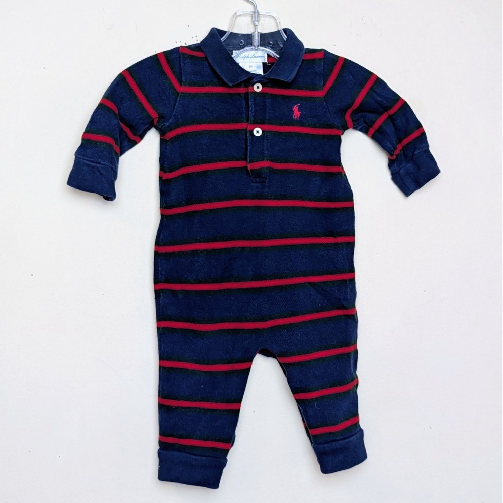 Polo Ralph Lauren Coverall Red Blue Stripe Rugby One Piece Long Sleeve 6 Months